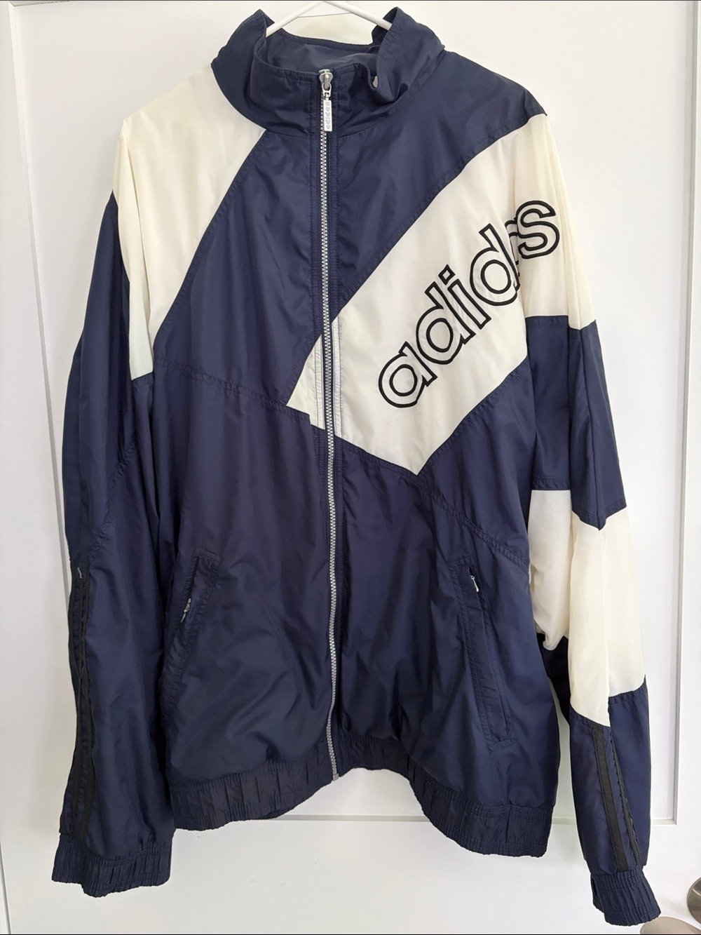 Adidas Navy and White Chevron Windbreaker Jacket